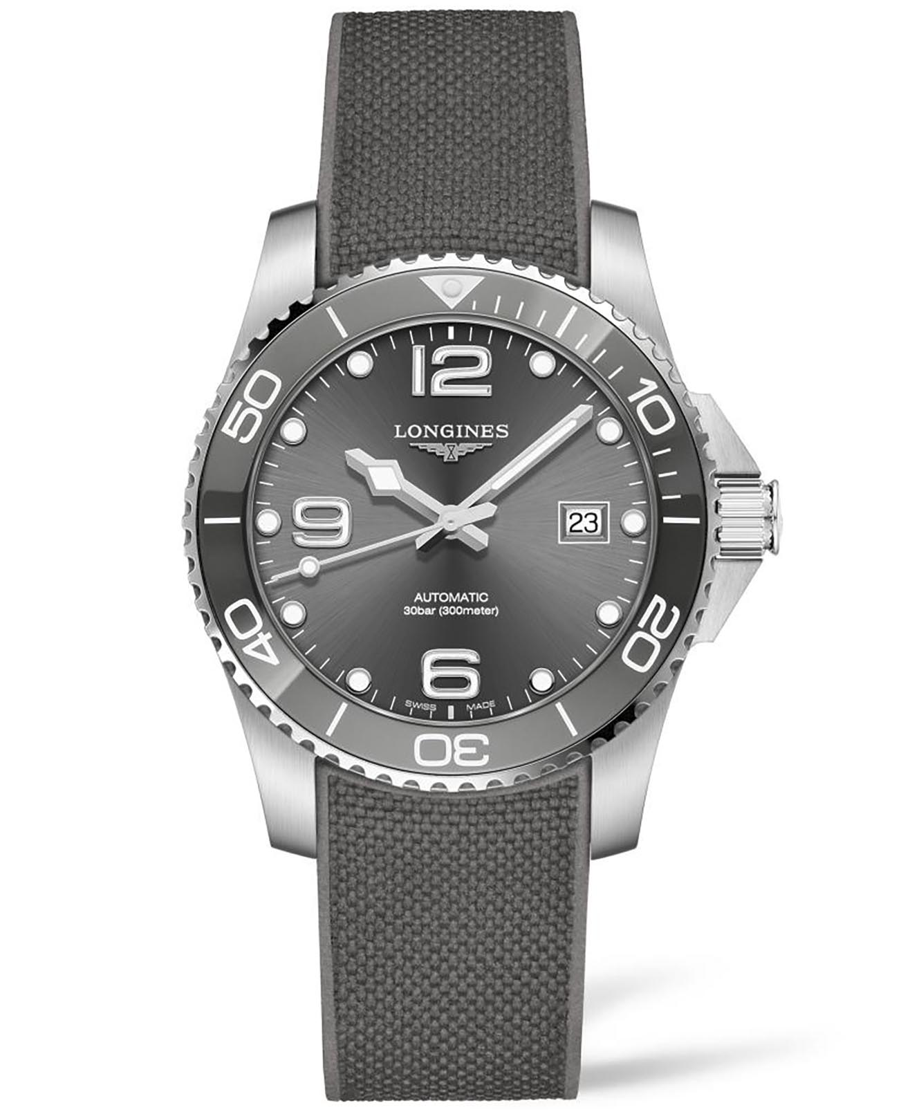 Longines Longines HydroConquest L3.781.4.76.9  L37814769 механические мужские часы серый циферблат, браслет каучук — вид спереди